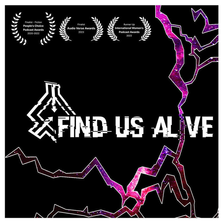 The title card of Find Us Alive, with a black background and space-themed lightning.