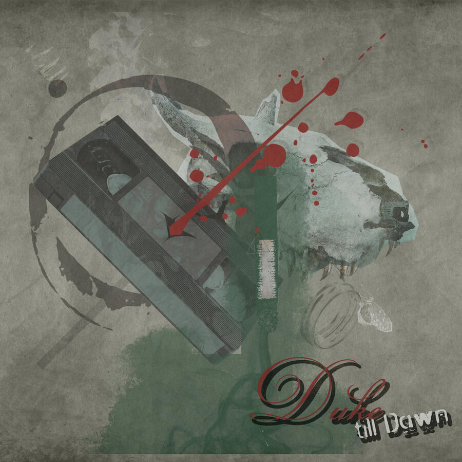 The Duke Till Dawn audio tale cover. A collage of distressed images including stains, a cow skull, and a VHS tape with a bloody shot through it