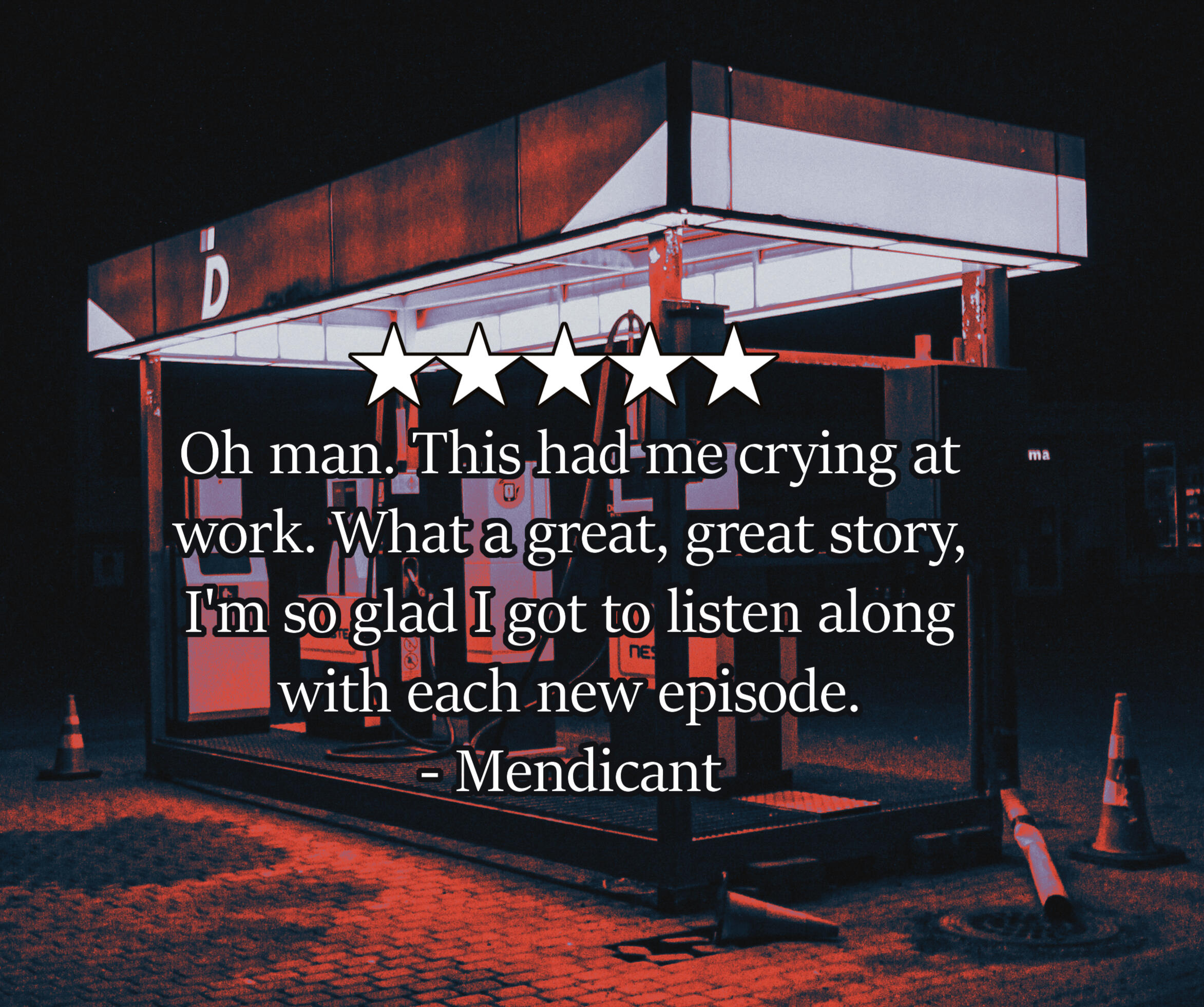 A distorted photo of an empty gas station at night